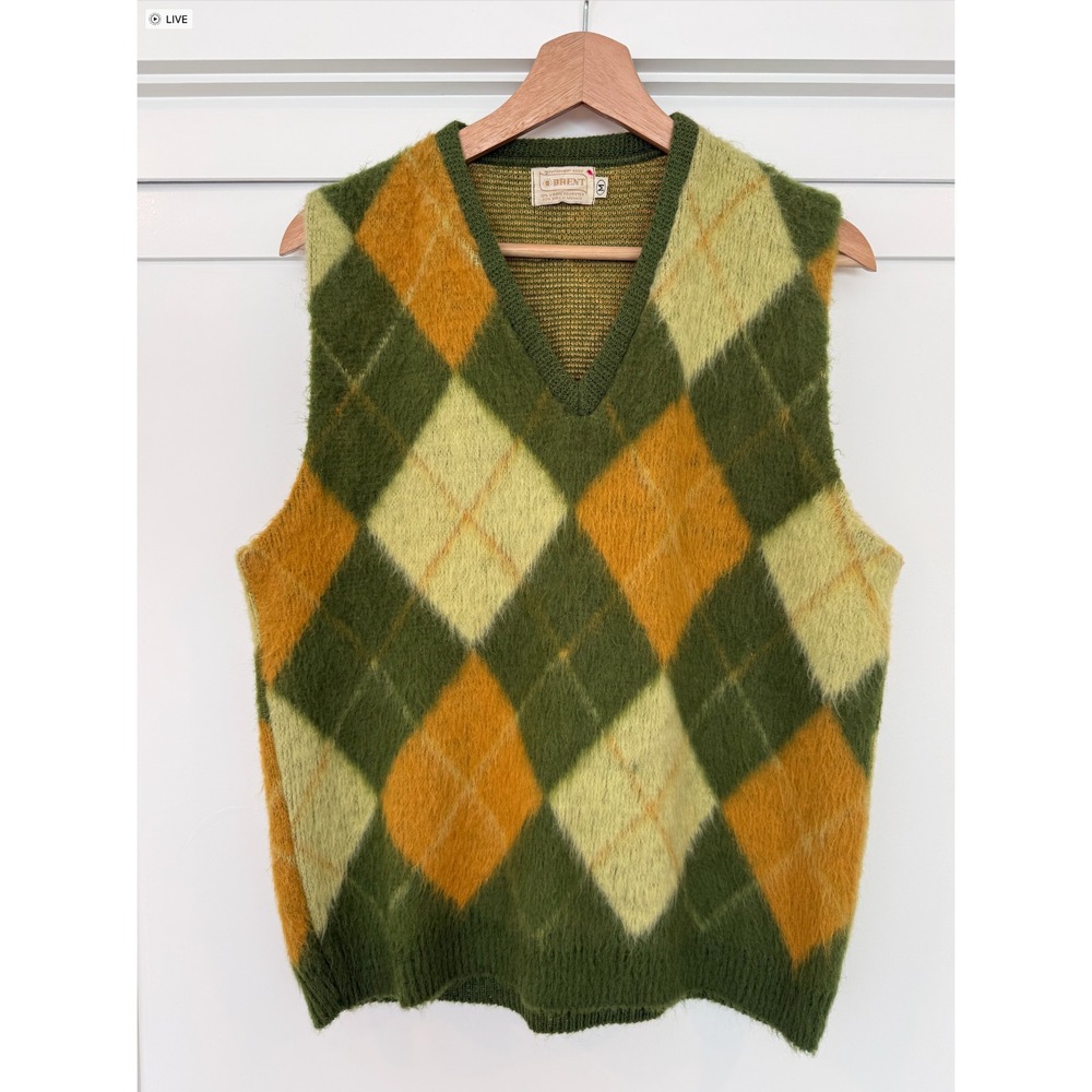 Vintage Brent Montgomery Ward Argyle Mohair Blend Sweater Vest Green Orange M